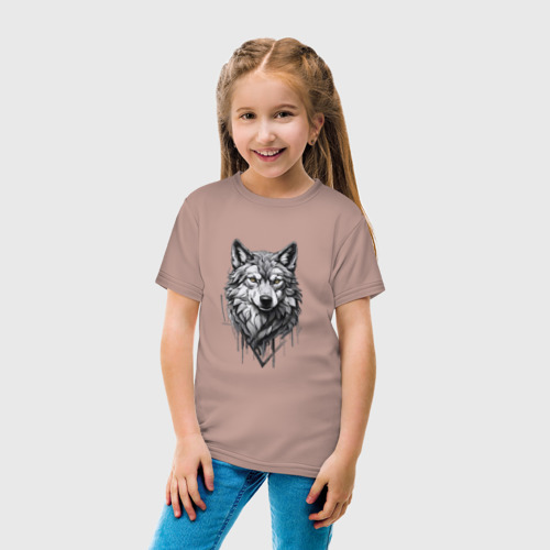 Детская футболка хлопок с принтом Волк в серых тонах, вид сбоку #3