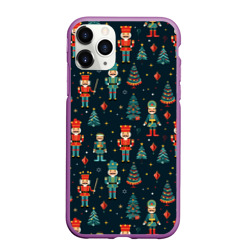 Чехол для iPhone 11 Pro Max матовый Щелкунчики и новогодние елки - паттерн