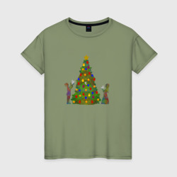 Женская футболка хлопок Новогодняя нарядная елка с детьми
