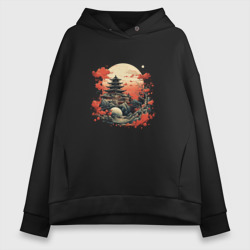 Женское худи Oversize хлопок Японская деревня на закате