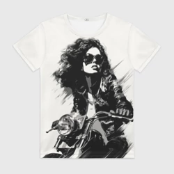 Женская футболка 3D Брюнетка на ретро байке