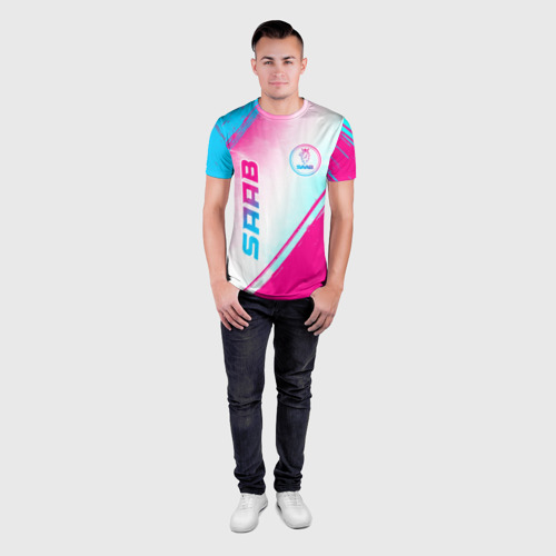 Мужская футболка 3D Slim Saab neon gradient style вертикально, цвет 3D печать - фото 4