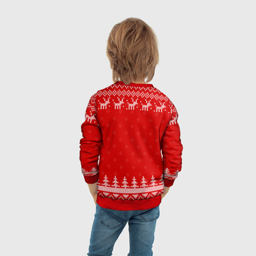 Детский свитшот 3D с принтом Новогодний Андрей: свитер с оленями, вид сзади #2