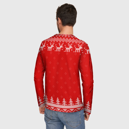 Мужской лонгслив 3D с принтом Новогодний Федор: свитер с оленями, вид сзади #2