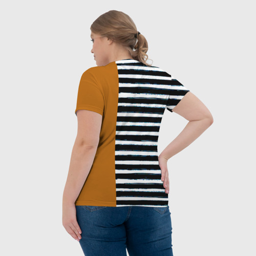 Женская футболка 3D Оранжевый и бело чёрные полосы  карман с акулой минимализм  , цвет 3D печать - фото 7