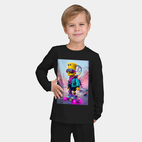 Детская пижама с лонгсливом хлопок Барт Симпсон на скейтборде - киберпанк, цвет черный - фото 3