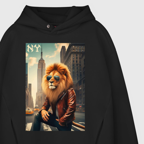 Мужское худи Oversize хлопок Cool Lion - New Yorker - ai art, цвет черный - фото 4