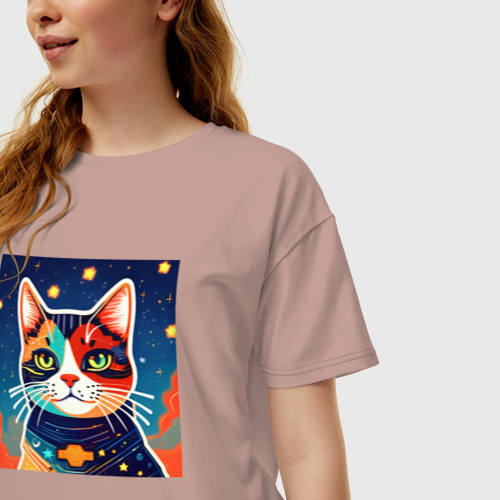 Женская футболка хлопок Oversize Трехцветный кот на фоне звезд, цвет пыльно-розовый - фото 3