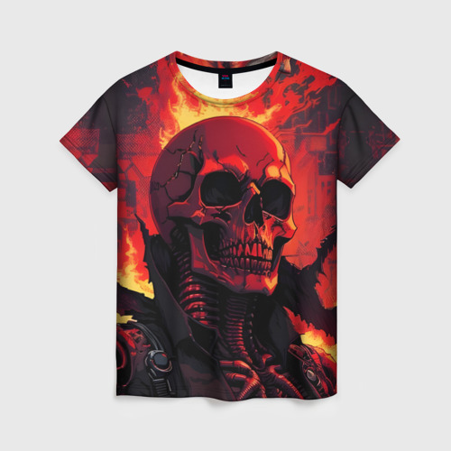 Женская футболка 3D с принтом Скелет в огне, вид спереди #2