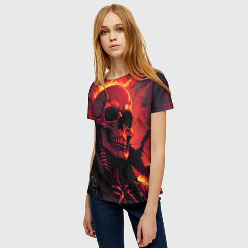Женская футболка 3D с принтом Скелет в огне, фото на моделе #1