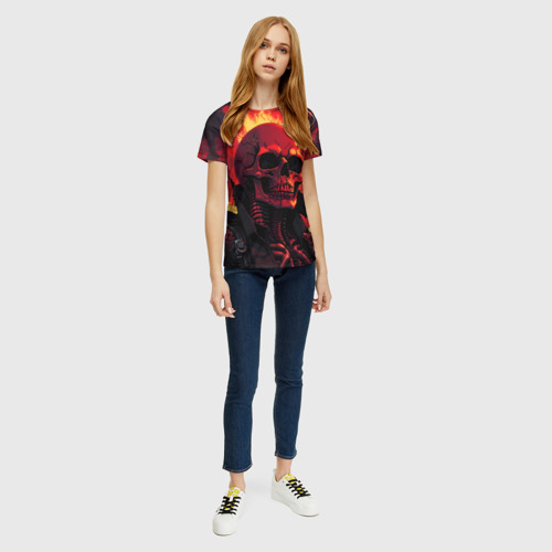 Женская футболка 3D с принтом Скелет в огне, вид сбоку #3