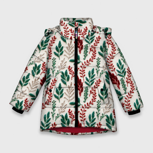 Зимняя куртка для девочек 3D с принтом Текстура вязаного свитера - новогодние веточки, вид спереди #2