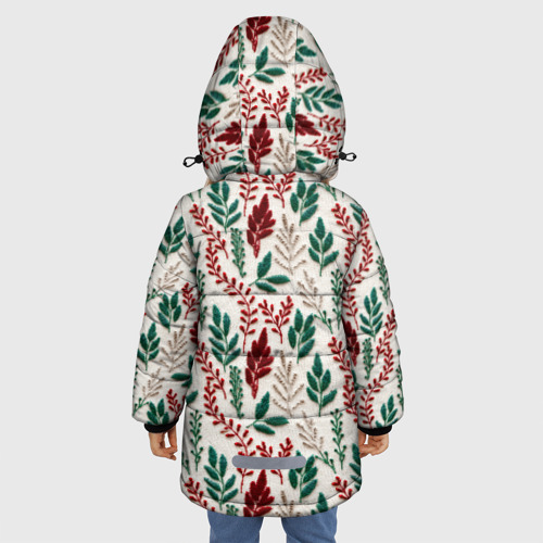 Зимняя куртка для девочек 3D с принтом Текстура вязаного свитера - новогодние веточки, вид сзади #2