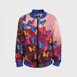 Детский бомбер 3D Разноцветные бабочки - розовые цветы