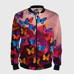 Мужской бомбер 3D Разноцветные бабочки - розовые цветы