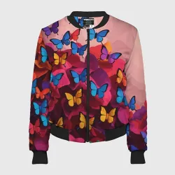Женский бомбер 3D Разноцветные бабочки - розовые цветы