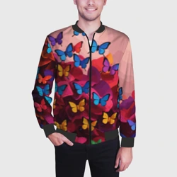Мужской бомбер 3D Разноцветные бабочки - розовые цветы - фото 2