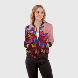 Женский бомбер 3D Разноцветные бабочки - розовые цветы - фото 2