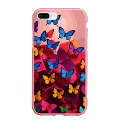 Чехол для iPhone 7Plus/8 Plus матовый Разноцветные бабочки - розовые цветы