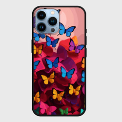 Чехол для iPhone 14 Pro Max Разноцветные бабочки - розовые цветы