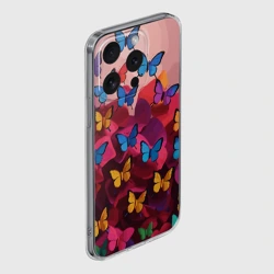 Чехол для iPhone 15 Pro Max силиконовый с защитой камеры Разноцветные бабочки - розовые цветы - фото 2