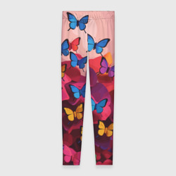 Леггинсы 3D Разноцветные бабочки - розовые цветы
