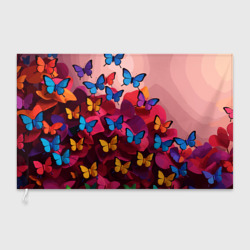 Флаг 3D Разноцветные бабочки - розовые цветы