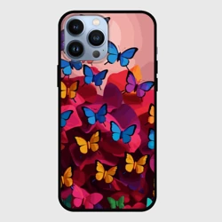 Чехол для iPhone 13 Pro Max Разноцветные бабочки - розовые цветы