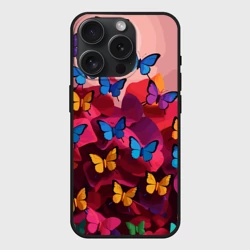Чехол силиконовый для Apple iPhone 15 Pro матовый Разноцветные бабочки - розовые цветы