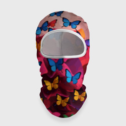 Балаклава 3D Разноцветные бабочки - розовые цветы