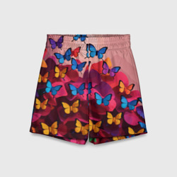 Детские спортивные шорты 3D Разноцветные бабочки - розовые цветы