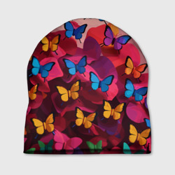 Шапка 3D Разноцветные бабочки - розовые цветы