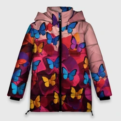Женская зимняя куртка Oversize Разноцветные бабочки - розовые цветы