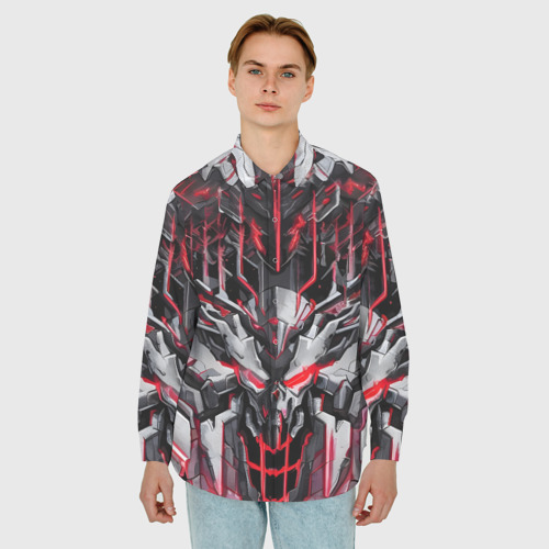 Мужская рубашка oversize 3D с принтом Красный кибер рыцарь, фото на моделе #1