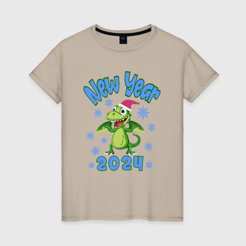 Женская футболка хлопок 2024 новогодний зеленый дракон, цвет миндальный