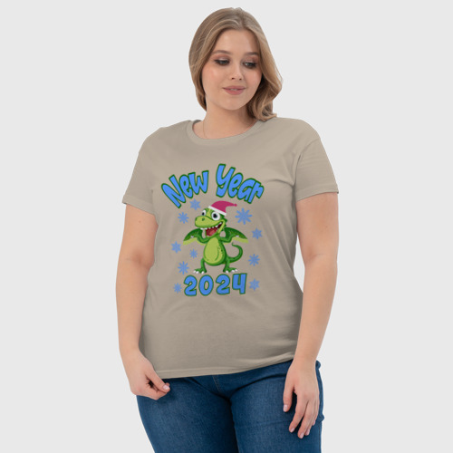 Женская футболка хлопок 2024 новогодний зеленый дракон, цвет миндальный - фото 6