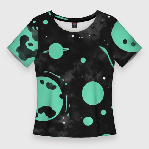 Женская футболка 3D Slim Чёрно-мятный космос от нейросети, цвет 3D печать