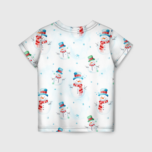 Детская футболка 3D с принтом Акварельные снеговиками - новогодний паттерн, вид сзади #1
