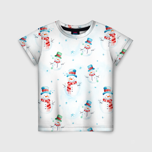 Детская футболка 3D с принтом Акварельные снеговиками - новогодний паттерн, вид спереди #2