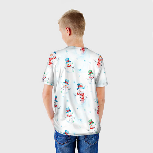 Детская футболка 3D с принтом Акварельные снеговиками - новогодний паттерн, вид сзади #2