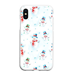 Чехол для iPhone XS Max матовый Акварельные снеговиками - новогодний паттерн