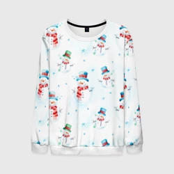 Мужской свитшот 3D Акварельные снеговиками - новогодний паттерн