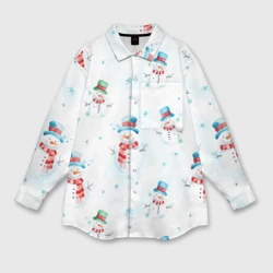 Мужская рубашка oversize 3D Акварельные снеговиками - новогодний паттерн