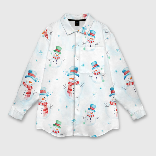 Мужская рубашка оверсайз с принтом Акварельные снеговиками - новогодний паттерн, вид спереди №1