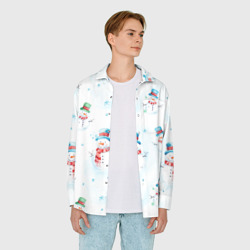 Рубашка с принтом Акварельные снеговиками - новогодний паттерн для любого человека, вид спереди №3. Цвет основы: белый