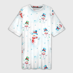 Платье-футболка 3D Акварельные снеговиками - новогодний паттерн