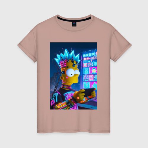 Женская футболка хлопок с принтом Bart Simpson is a gamer - ai art, вид спереди #2