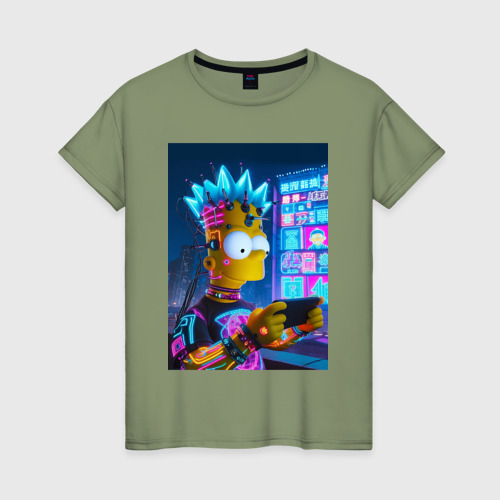 Женская футболка хлопок Bart Simpson is a gamer - ai art, цвет авокадо