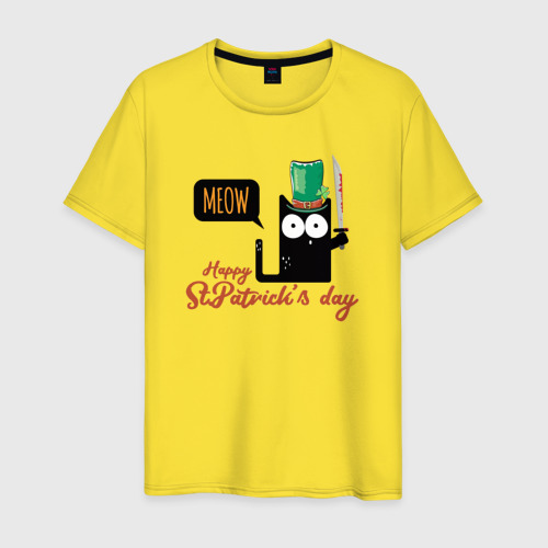 Мужская футболка хлопок Happy St Patrick's day cat, цвет желтый