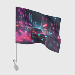 Флаг для автомобиля Машина на неоновой улице 